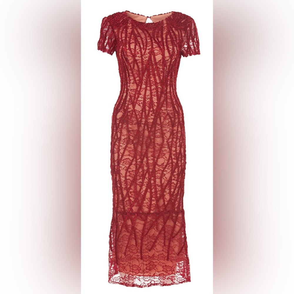 Js Collections Short Sleeve Embroidered Lace Midi… - image 3